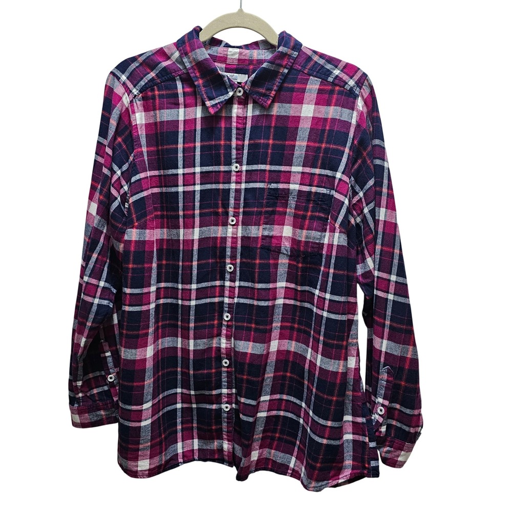 Croft & Barrow Womens Magenta Pink Navy Blue Plaid Flannel Button Down Shirt 1X